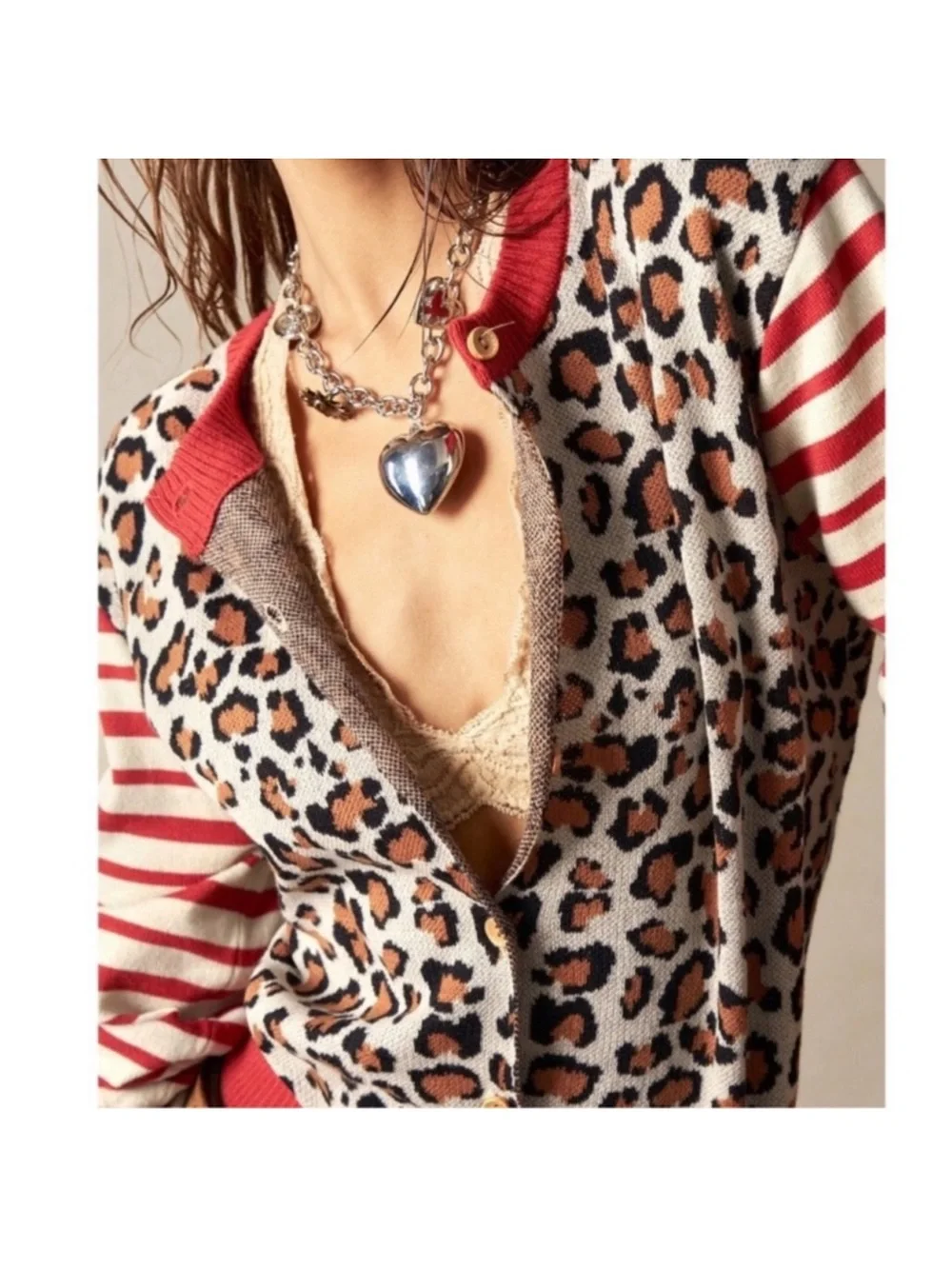 Leopard Print Button Down Striped Loose Fit Cardigan S M L new
